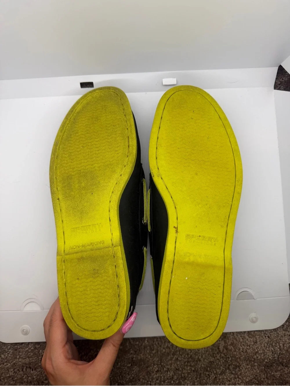 Sperry Men’s Black Boat Shoes with Neon Yellow Accents